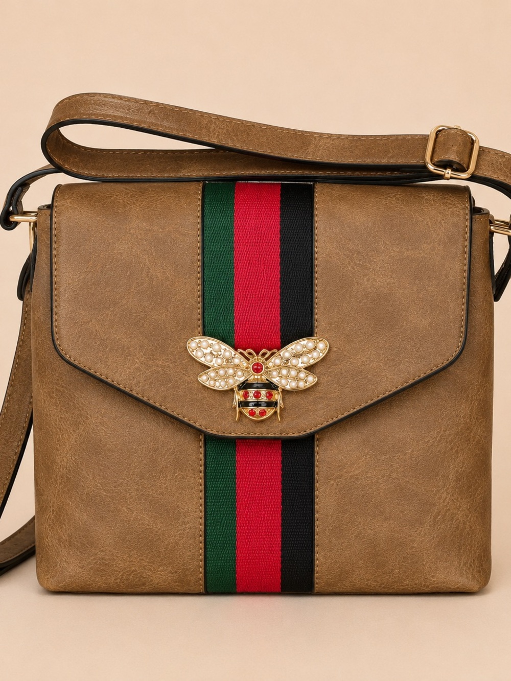 Tan Crossbody Bag with Bee Accent and Green-Red-Black Stripe